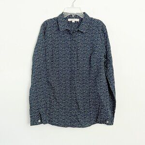 LOFT / navy blue pink floral button down cotton shirt M